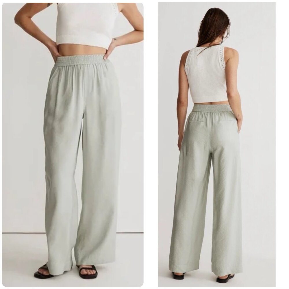 Madewell Linen Cotton Wide Leg Pants Size Small Green Soft Drape Pull On Coastal